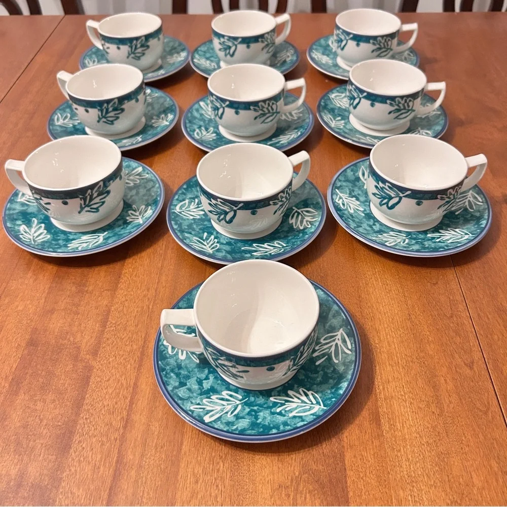 Mikasa Fashion Plate Leaf Song White Teal Ironstone Cups Mug Saucer 2 SETS